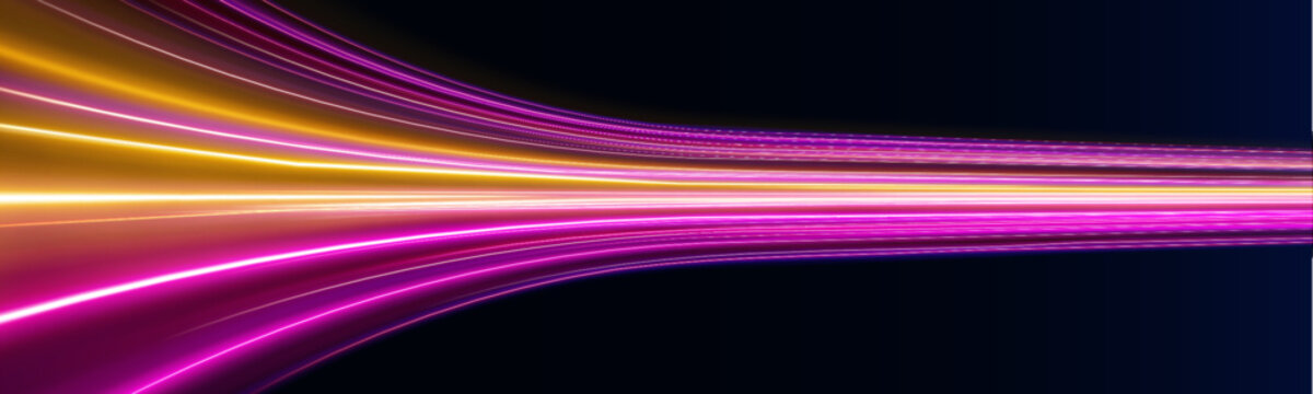 Neon purple laser streaks twist across a dark city road at night. Motion lines, glowing wave trails, and energy swirls illustrate futuristic speed and flowing traffic. Vector illustration.