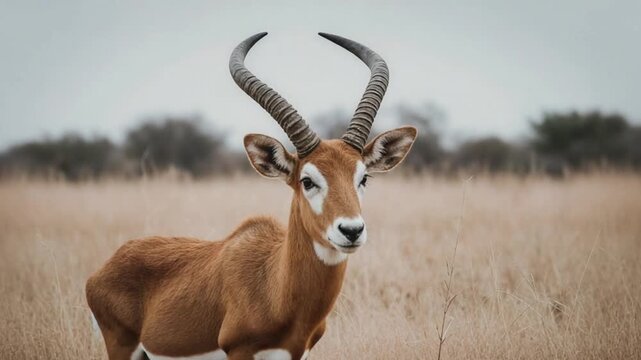 Majestic antelope with impressive horns standing in a dry grassy field