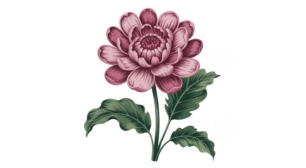 Pink flower with green leaves on black flower isolated on a transparent background