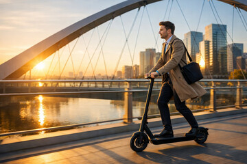Businessman riding electric scooter over bridge at sunset