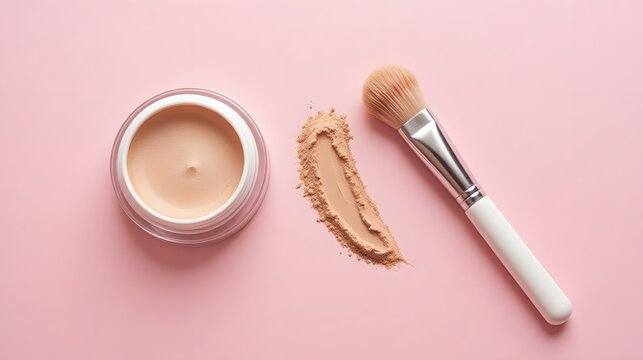 Close-up overhead shot of cosmetic foundation and a makeup brush on a pink background