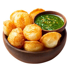 Crispy fried pani puri snacks in bowl with green sauce, Isolated on transparent background