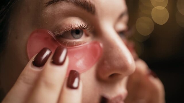Young woman with pink under-eye patches enjoying evening skincare ritual.