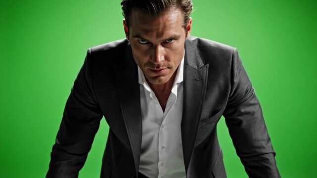 Intense Businessman Leaning Forward and Staring Angrily at the Camera with a Slow Zoom on a Green Screen Background.