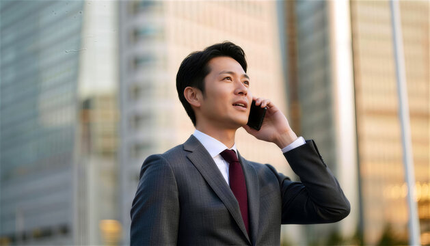 夕暮れの街で電話をするスーツ姿の男性