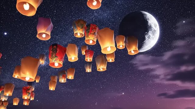 Lanterns Flying High Under Night Sky.