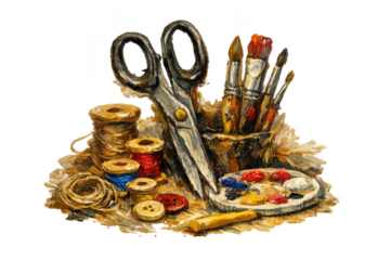 Painterly art supplies, sewing notions on transparent background image