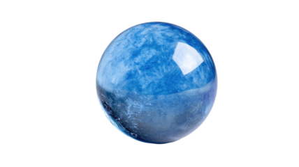 A blue crystal ball containing a 3d global map of earth with clouds and oceans floats as an isolated glass sphere in the white space of a geographic world globe
