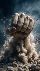 Obraz premium Powerful Fist Impact Breaking Ground With Explosive Dust and Debris