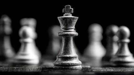 Fototapeta premium Chess king piece standing alone against many pawns, strategy and leadership concept, dramatic shadows, black and white 