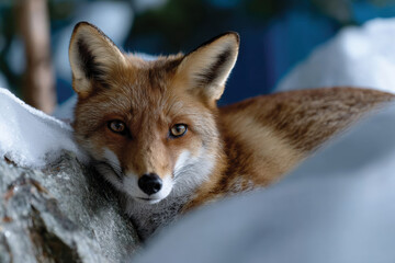 Fototapeta premium A close-up of a fox relaxing on snow-covered rocks highlights the beauty of wildlife and the essence of a natural habitat, perfectly capturing the serene, tranquil moment in winter.