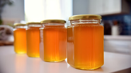 Row of natural honey jars with golden liquid standing on a white countertop in a bright kitchen interior