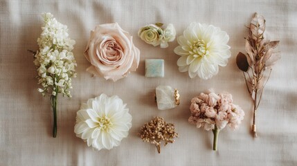 Fototapeta premium Editorial wedding bouquet flat lay, soft shadows, neutral background, wedding planning and bridal inspiration concept.