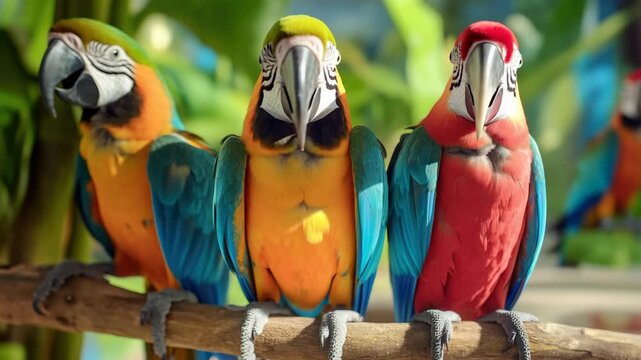 A group of colorful parrots perched on a wooden branch.