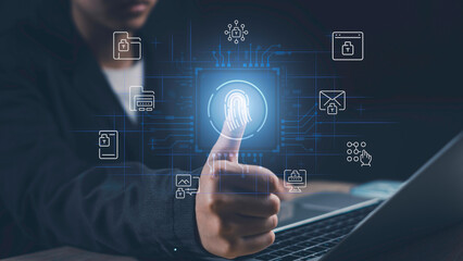 Digital fingerprint scanning system with biometric authentication interface symbolizes secure identity verification, data privacy, and access control technology used in modern cybersecurity platforms.