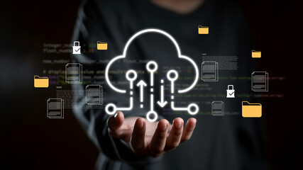Cloud computing interface with data upload and download icons represents digital transformation, secure file storage, and cloud database management used in modern business technology systems.