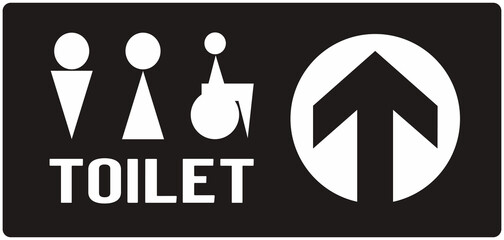 Sign with symbols for restrooms for men, women, and people with disabilities.