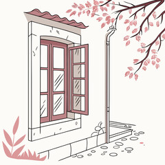 Illustrated window with blossoming tree