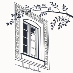 Ornate window with branches