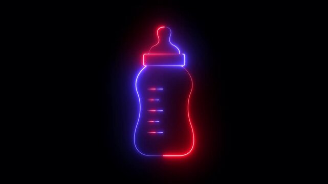 glowing neon Baby bottle icon isolated on black background. baby Feeding bottle icon. Milk bottle sign. Nourishment Icon: baby bottle filled with milk. 4k video animation.