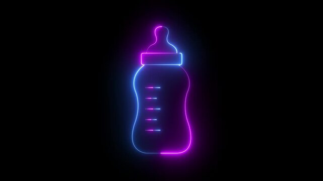 glowing neon Baby bottle icon isolated on black background. baby Feeding bottle icon. Milk bottle sign. Nourishment Icon: baby bottle filled with milk. 4k video animation.