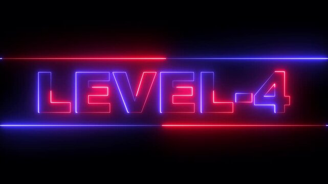 glowing neon Level-4 text inside a horizontal banner on black background. level 4 text icon animation. Neon level up sign. neon next Level text. Game concept next level. 4k video animation.