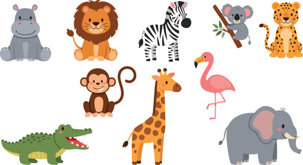 Fototapeta premium Comprehensive set of cute zoo and safari animals, flat vector illustrations of wild animals for children's nursery, educational materials, and baby shower designs.
