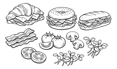 Hand drawn line art deli food and fresh ingredients set featuring assorted sandwiches, bacon, tomatoes, mushrooms, and microgreens for menus and recipe designs