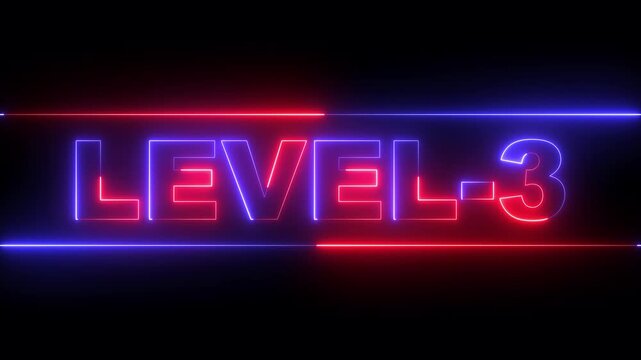 glowing neon Level-3 text inside a horizontal banner on black background. level - 3 text icon animation. Neon level up sign. neon next Level text. Game concept next level. 4k video animation.