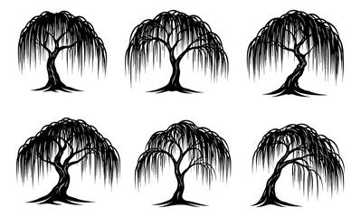 Stylized silhouette willow tree set featuring weeping willow designs for nature and garden projects