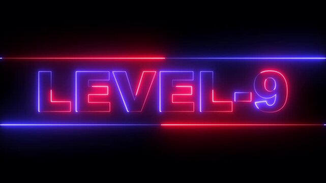 glowing neon Level-9 text inside a horizontal banner on black background. level 9 text icon animation. Neon level up sign. neon next Level text. Game concept next level. 4k video animation.