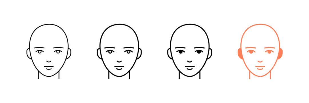 Set of minimalist human face icons with transparent background, depicting user profile symbols, avatar representations, and identity graphics, vector illustration