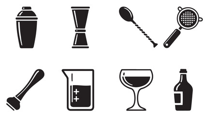 Solid Icon Set Of Essential Bartending Tools And Cocktail Barware For Mixology And Beverage Service