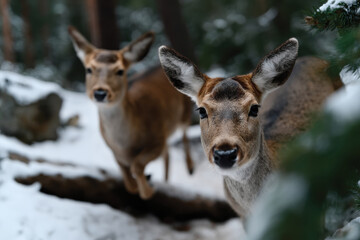 Fototapeta premium This enchanting image showcases two deer roaming through a snowy forest, capturing the tranquil beauty of nature in a captivating winter scene filled with serenity.
