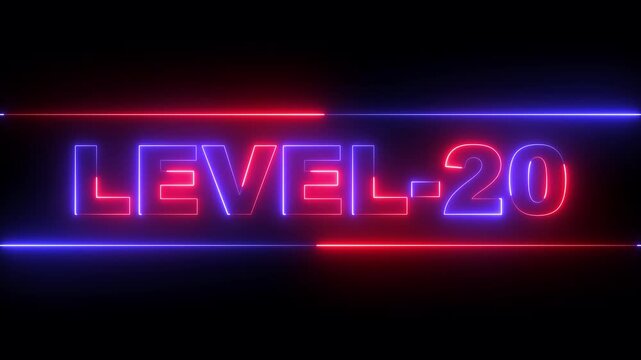 glowing neon Level-20 text inside a horizontal banner on black background. level 20 text icon animation. Neon level up sign. neon next Level text. Game concept next level. 4k video animation.