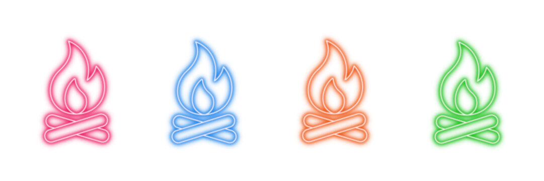Neon glowing campfire vector icons set, bonfire, flame, warmth, outdoor, nature, camping, glow, vibrant, colorful digital illustration on transparent background.