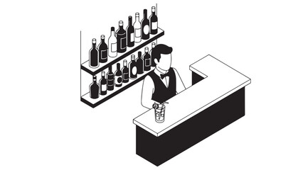 Isometric Line Illustration Of A Bartender Working Behind A Well-Stocked Bar Shelves Of Bottles Visible, Conceptual Artwork For World Bartender Day Celebration And Professional Recognition
