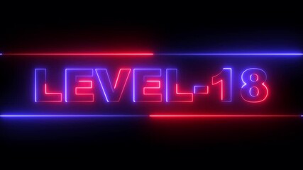 glowing neon Level-18 text inside a horizontal banner on black background. level 18 text icon animation. Neon level up sign. neon next Level text. Game concept next level. 4k video animation. - Powered by Adobe