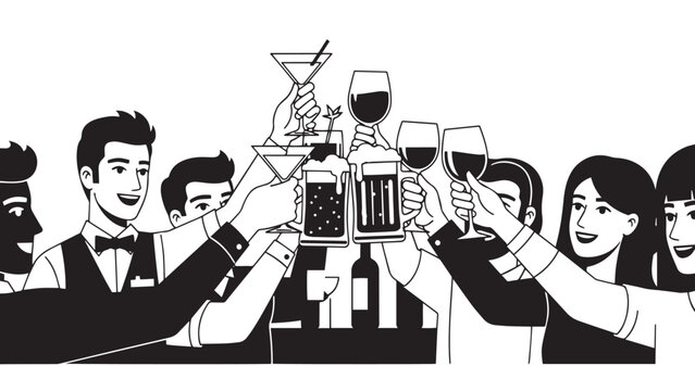 Vector line art illustration of a bartender and group of friends clinking diverse glasses of beer wine and cocktails for World Bartender Day celebration and nightlife hospitality events - Powered by Adobe