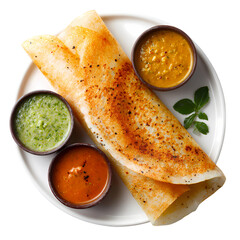 Delicious masala dosa with chutneys south indian food breakfast Isolated on transparent background