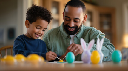 African American father and young son decorating colorful easter eggs together at home creating meaningful family bonding. 