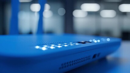 Close-up of a modern blue wireless router with glowing indicator lights symbolizing fast internet connectivity and seamless digital communication in a contemporary office setting - Powered by Adobe