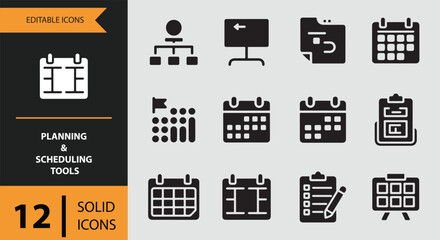 A comprehensive collection of 12 solid editable icons for planning and scheduling tasks