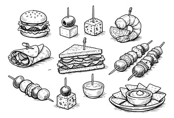 Hand drawn line art appetizer and finger food set featuring mini burgers, sandwiches, kebabs, wraps, chips, and shrimp for party menus