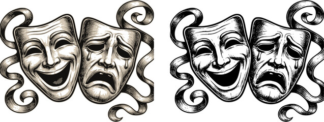 Obraz na płótnie Canvas Theater or theatre drama comedy and tragedy masks in a vintage woodcut etching style