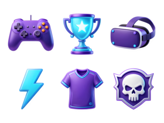 Gaming icons including controller, trophy, VR headset, lightning bolt, jersey, and skull emblem on black
