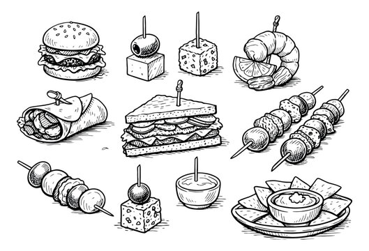 Hand drawn line art appetizer and finger food set featuring mini burgers, sandwiches, kebabs, wraps, chips, and shrimp for party menus - Powered by Adobe