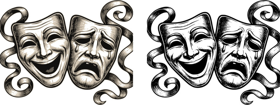 Theater or theatre drama comedy and tragedy masks in a vintage woodcut etching style