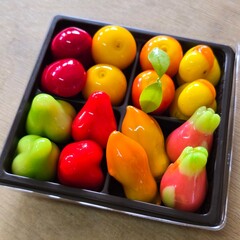 Luk chup, Colourful fruit and vegetable shaped beautiful Thai sweet mung bean coconut milk desert, Thai desert.