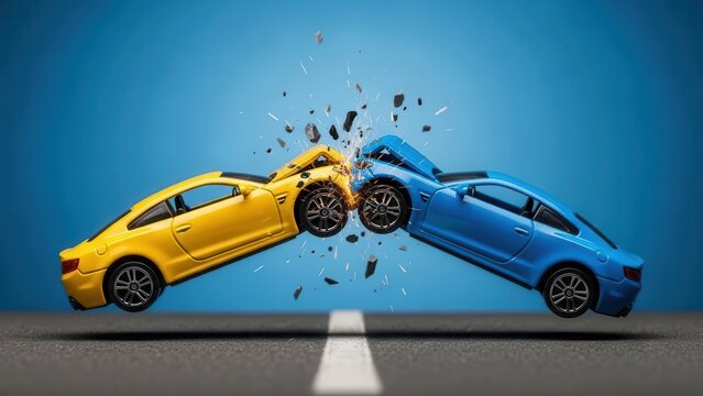 Two cars collide head on with great force on the road